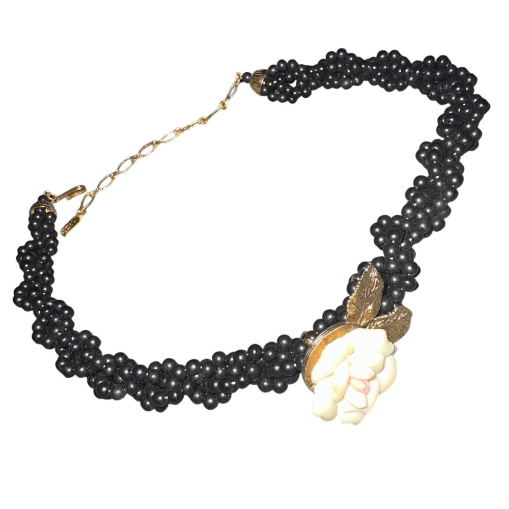 Vintage 1928 Jewelry Black Beaded Choker Necklace Cream Rose Floral Gold Tone